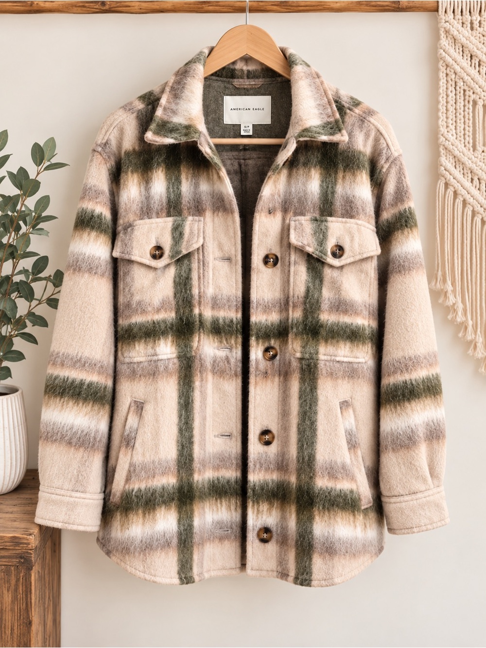 American Eagle Outfitters Beige, Olive & Brown Plaid Utility Jacket